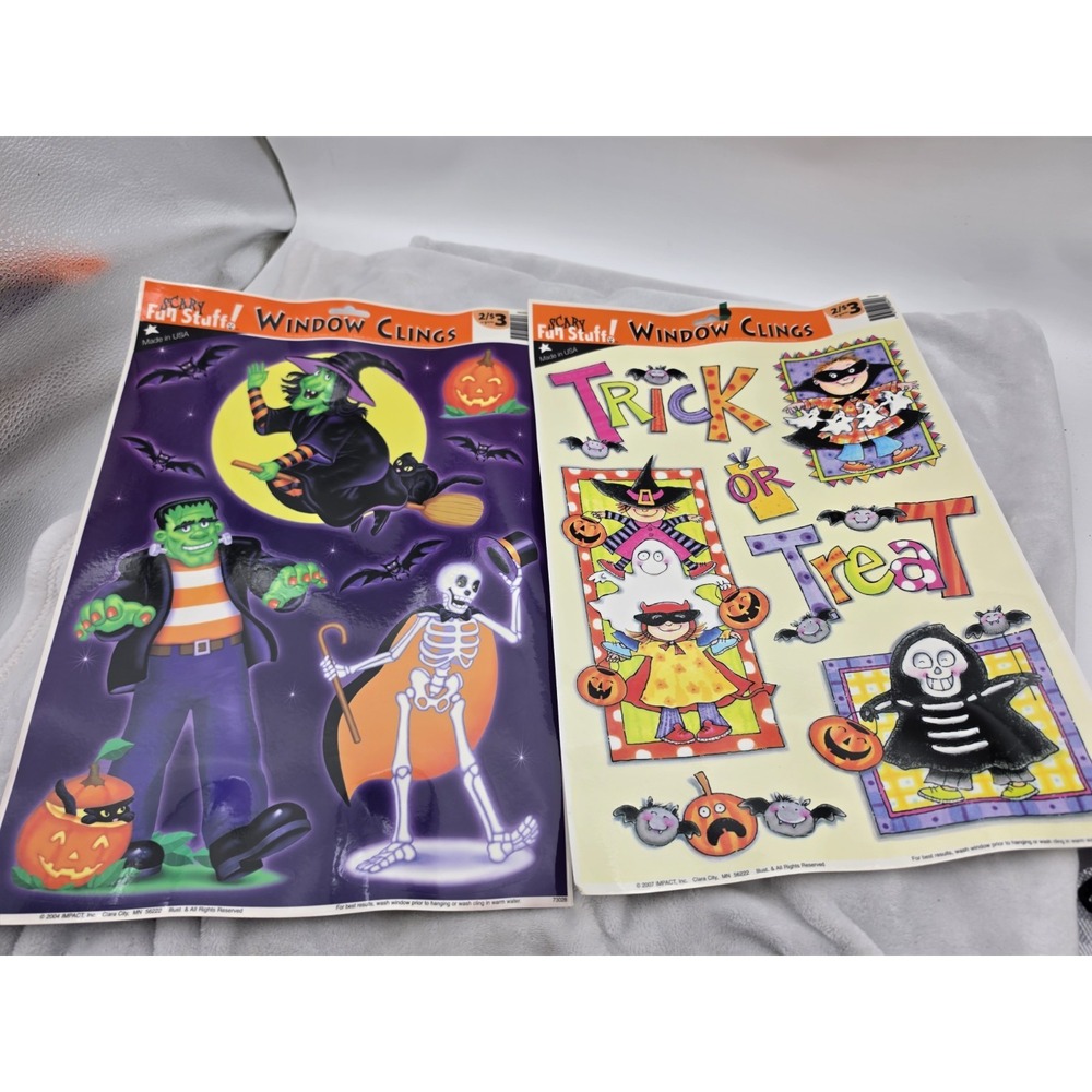 Vtg Lot-2 Scary Fun Stuff Halloween Reusable Window Clings 2004 Witch Bat